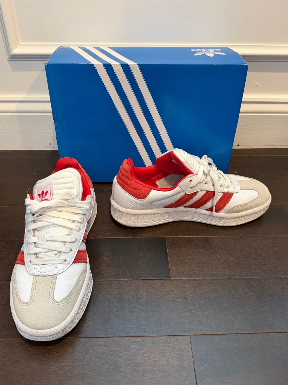 Adidas Red/white Leather Sambas XLG unisex men’s 8/womens 9 in box